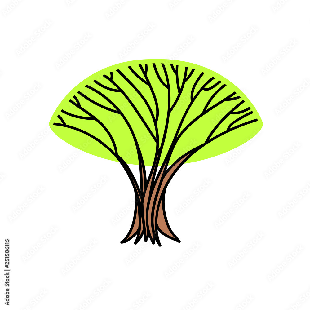Naklejka premium Big old lonely tree with fresh green foliage, spring illustration, vector