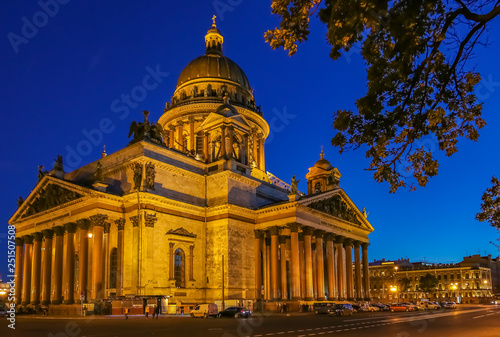 Illuminated facade of Saint Isaac's Cathedral in Saint Petersburg, Russia