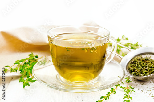 Tea of thyme in cup on table