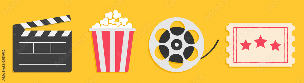 Cinema icon set line. Popcorn box package Big movie reel. Open clapper  board. Ticket Admit one. Three star. Flat design style. Yellow background.  Isolated. Stock Vector
