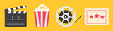 Cinema icon set line. Popcorn box package Big movie reel. Open clapper board. Ticket Admit one. Three star. Flat design style. Yellow background. Isolated.