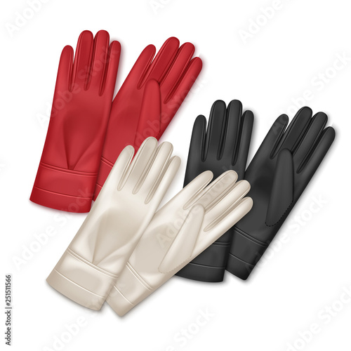 Vector illustration of three pair women leather gloves different colors isolated on background