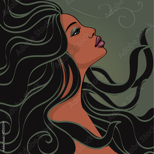 Beautiful black woman with long hair. Vector illustration