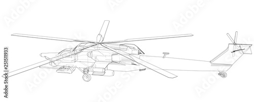 Silhouette of military helicopter. Created illustration of 3d. Vector wire-frame concept.