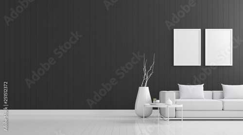 View of living room space with sofa set on black wall and white laminate floor.Perspective of modern architecture design. 3d rendering.