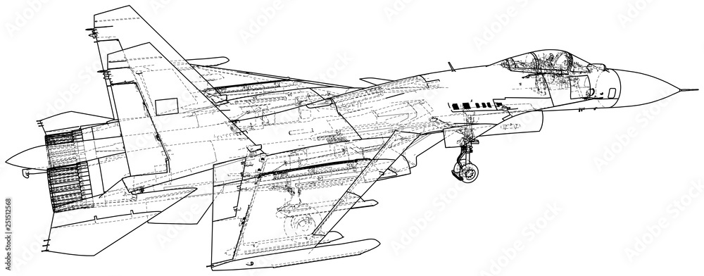 Fighter jet. Vector wireframe concept. Blue purple. Created illustration of 3d.