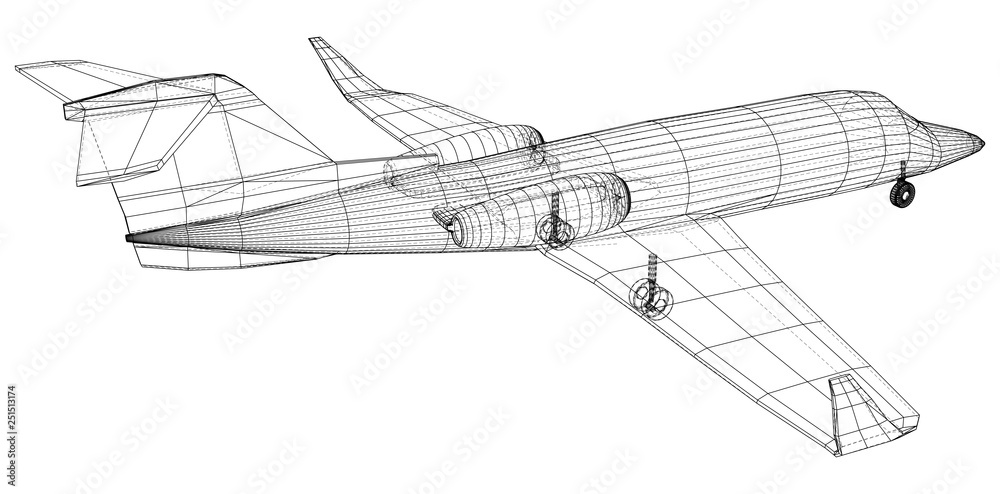 Airplane blueprint. Outline aircraft on white background. Created illustration of 3d Airplane blueprint. Outline aircraft on white background. Created illustration of 3d