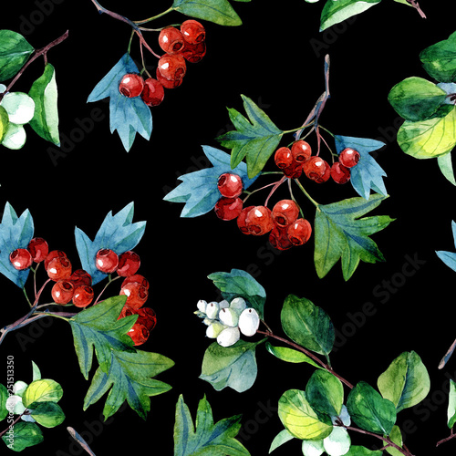 Plant seamless pattern of twigs with berries painted in watercolor. © Svitlana