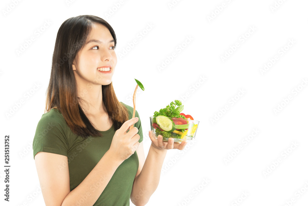 Happy lady enjoy eating vegetable salad over white copy space background - people with organic healthy food concept Happy lady enjoy eating vegetable salad over white copy space background - people with organic healthy food concept