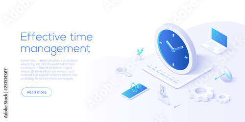 Effective time management isometric vector illustration. Task prioritizing organization for effective  productivity. Job schedule optimization concept. Web banner layout template.