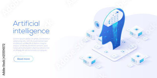 Artificial intelligence or neural network concept in isometric vector illustration. Neuronet or ai technology background with robot head and connections of neurons. Web banner layout template.