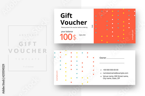 Abstract gift voucher card template. Modern discount coupon or certificate layout with geometric shape pattern. Vector fashion bright background design with information sample text.