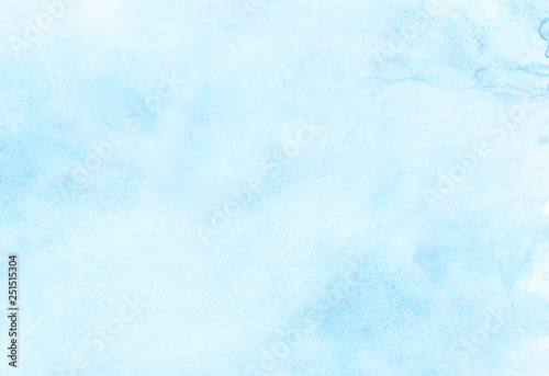 Abstract gradient light sky blue shades watercolor background on white paper texture. Aquarelle painted textured canvas design for grunge cards, vintage templates. Paint hand drawn illustration