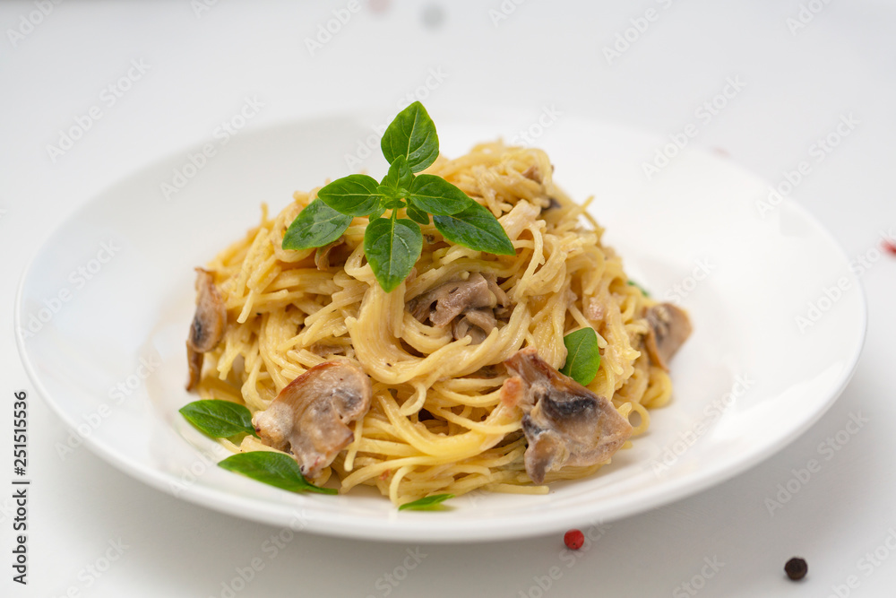 Mushroom Spaghetti Pasta and cream sauce. Homemade Italian pasta with champignon mushroom. 