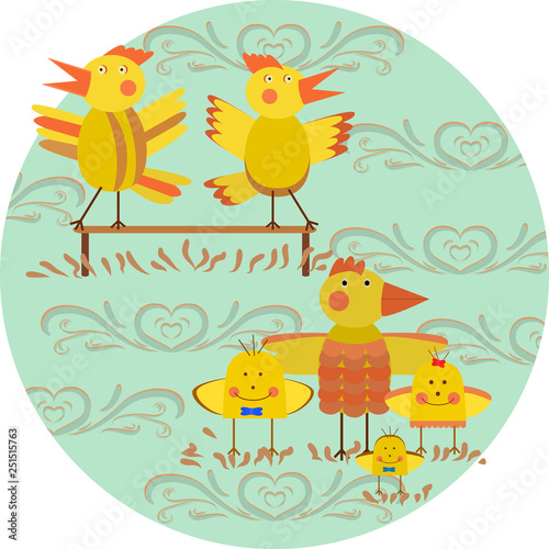 Card: Roosters on the bench. Funny characters for the holiday Easter, family day, children's stories.