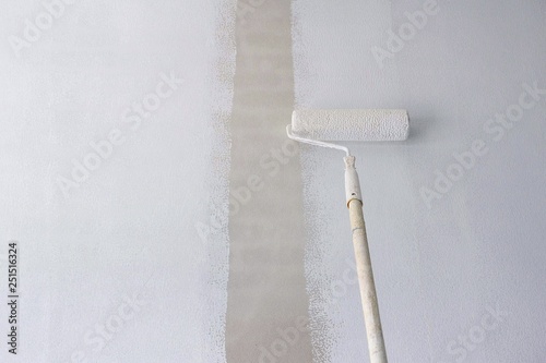 Long handle roller brush applying primer white paint on cement wall background photo