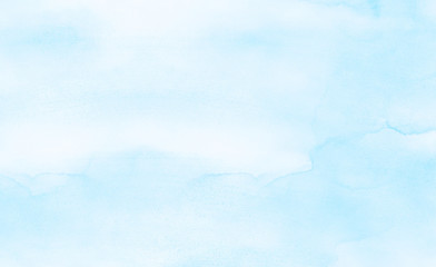 Gradient light sky blue shades watercolor background on white paper texture. Aquarelle painted textured canvas design for grunge cards, vintage templates. Paint hand drawn illustration