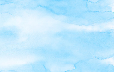 Gradient light sky blue shades watercolor background on white paper texture. Aquarelle painted textured canvas design for grunge cards, vintage templates. Paint hand drawn illustration