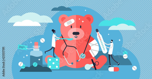 Pediatric vector illustration. Flat tiny kids doctor study persons concept.