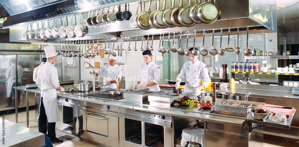Modern kitchen. The chefs prepare meals in the restaurant's kitchen. - obrazy, fototapety, plakaty 
