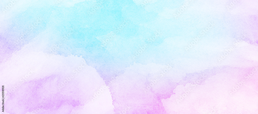 Grunge light pink, purple and sky blue watercolor background. Smooth pastel colors wet effect hand drawn canvas. Aquarelle shades paper textured illustration for design, vintage card, retro templates