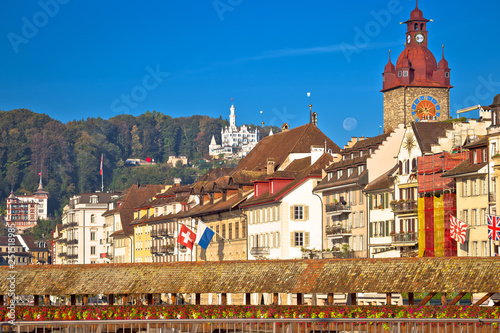 Luzern and Reuss river waterfront and famous landmarks view