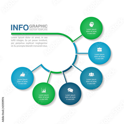 Vector infographic template for circular diagram, graph, presentation, chart, business concept with 6 options.