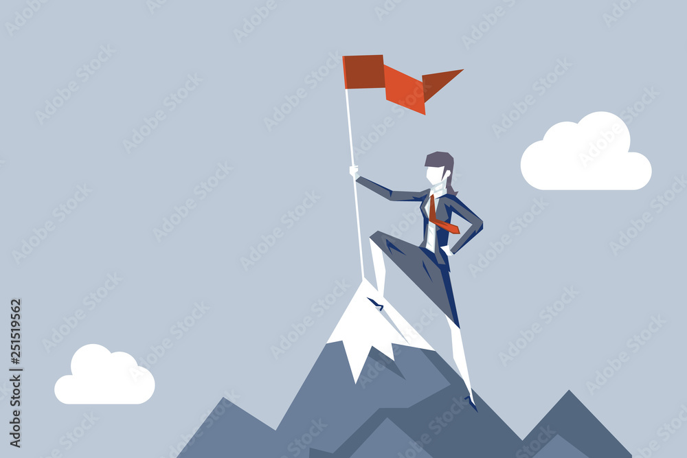 Woman conquering heights flag businesswoman conqueror female character achievement top point aoal mountain background business concept flat design vector illustration Woman conquering heights flag businesswoman conqueror female character achievement top point aoal mountain background business concept flat design vector illustration