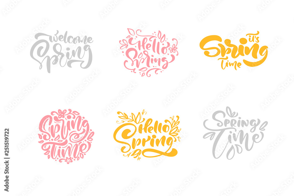 Set of six Spring time Pastel Calligraphy lettering phrases. Vector Hand Drawn Isolated text. Sketch doodle design for greeting card, scrapbook, print Set of six Spring time Pastel Calligraphy lettering phrases. Vector Hand Drawn Isolated text. Sketch doodle design for greeting card, scrapbook, print