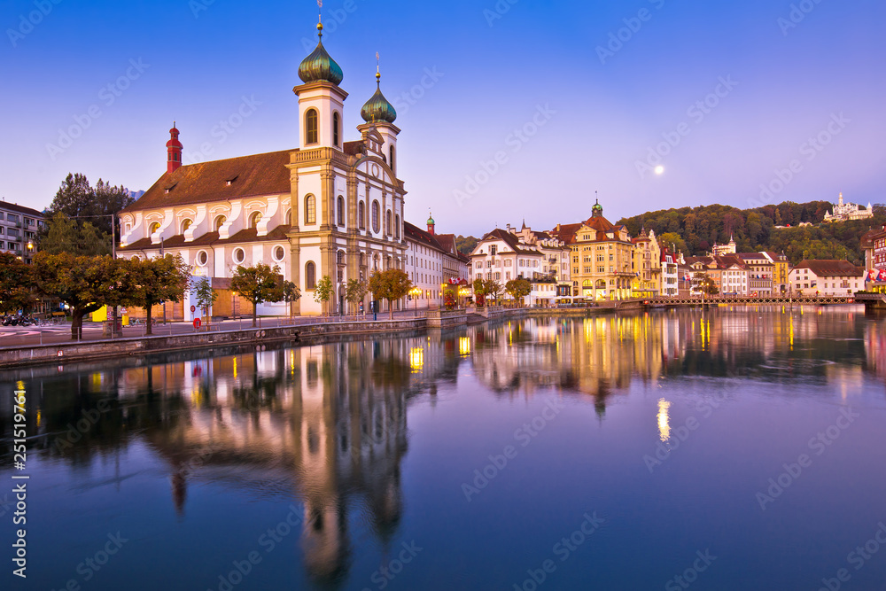 Luzern church and Reuss river waterfront dawn view Luzern church and Reuss river waterfront dawn view