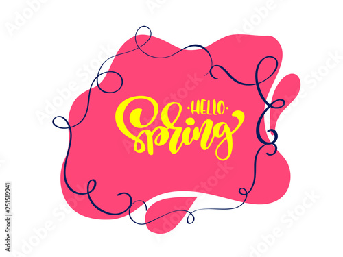 Vintage Vector red background with calligraphic lettering text Hello Spring. Isolated flat illustration on white background. Spring scandinavian hand drawn nature wedding design