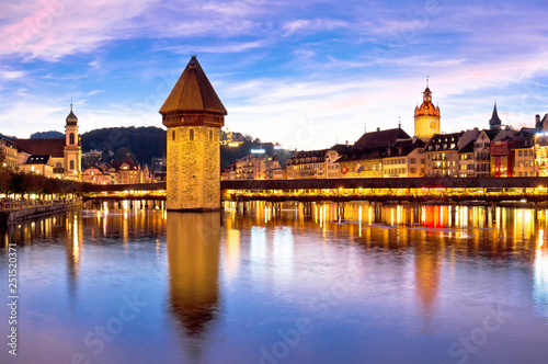 Luzern Kapelbrucke and riverfront architecture famous Swiss landmarks view