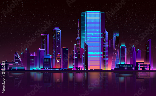 Modern metropolis night landscape in fluorescent  neon colors cartoon vector with illuminated futuristic architecture skyscrapers buildings on city bay shore illustration. Urban cyberpunk background