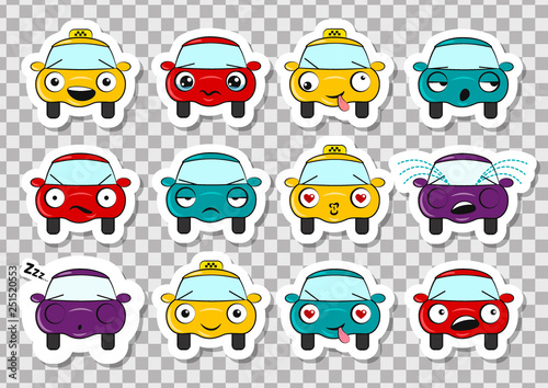 Set of stickers with funny cartoon cars on a transparent background. Vector illustration