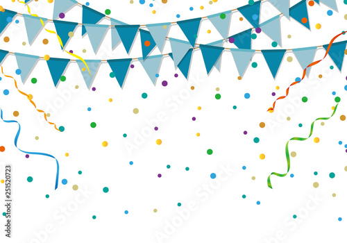 Blue party flags with colorful confetti and streamer on white background. Birthday and festive event.