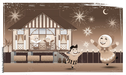 A happy Muslim family and their home town in rural area. Artwork presented with nostalgia effect. Vector.