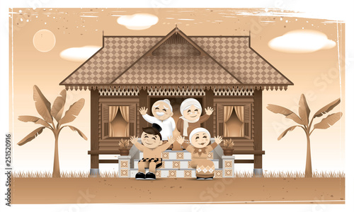 A happy Muslim family and their home town in rural area. Artwork presented with nostalgia effect. Vector.