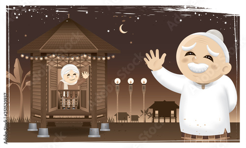 A happy Muslim family and their home town in rural area. Artwork presented with nostalgia effect. Vector.