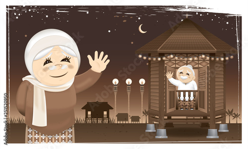 A happy Muslim family and their home town in rural area. Artwork presented with nostalgia effect. Vector.