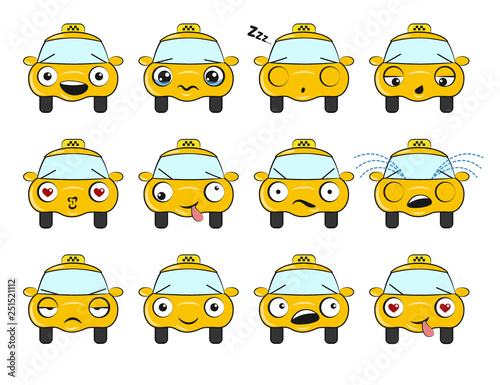 Set of icons in the form of a cartoon taxi with different emotions. Funny Car Vector Design. Communication Chat Elements