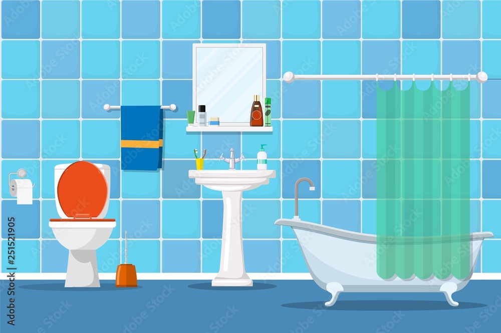 Interior of a bathroom with a toilet and accessories for washing and