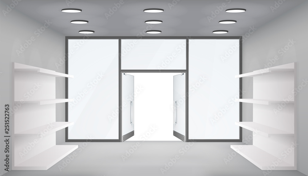 Empty trade shelves store interior open doors 3d shop space light