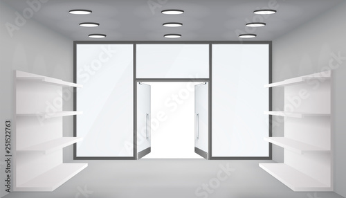 Empty trade shelves store interior open doors 3d shop space light realistic windows space template mockup background vector illustration
