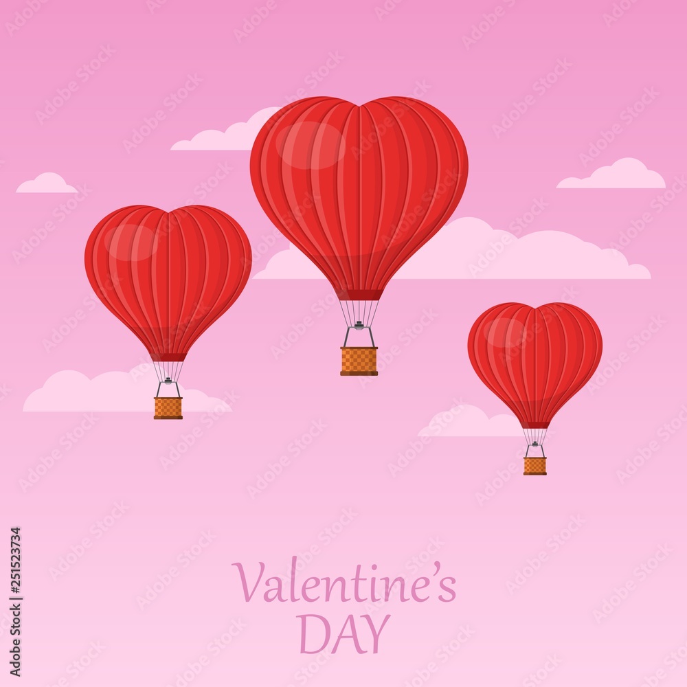 Three red heart air balloons flying in the pink sky with clouds. Saint Valentine's day greeting card. Hot air balloon shape of a heart with basket. Vector illustration