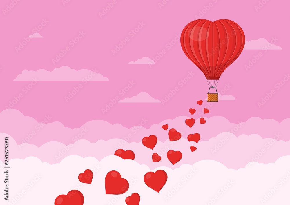 Red heart air balloons flying in the pink sky with clouds. Saint Valentine's day greeting card. Hot air balloon shape of a heart with basket. Vector illustration Red heart air balloons flying in the pink sky with clouds. Saint Valentine's day greeting card. Hot air balloon shape of a heart with basket. Vector illustration