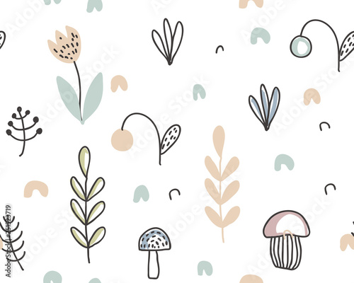 Vector seamless pattern with hand drawn berries, plants, flowers, mushrooms.