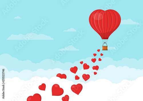 Red heart air balloons flying in the blue sky with clouds. Saint Valentine's day greeting card. Hot air balloon shape of a heart with basket. Vector illustration