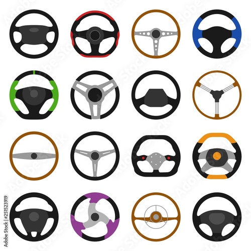 Set of different steering wheels icons isolated on white background. Car wheel control, auto part driving in flat style. Vector illustration