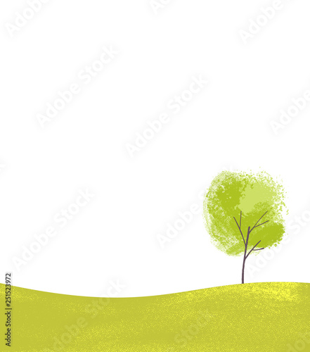 Single tree on green hill. Simple landsape scene, nature background with place for text.