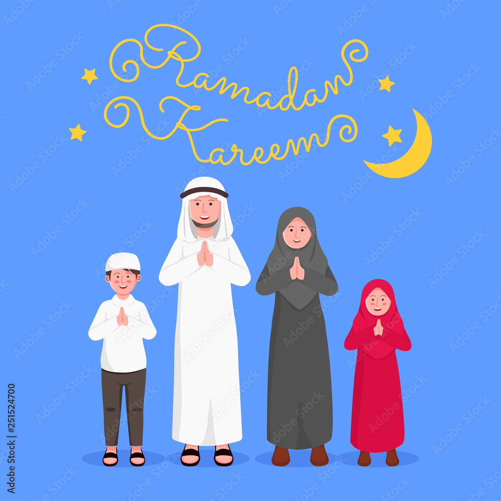 Ramadan Kareem, Arabian Family Gesturing Praying Hand Greeting Ramadan  Kareem Illustration Vector Cartoon Stock Vector | Adobe Stock